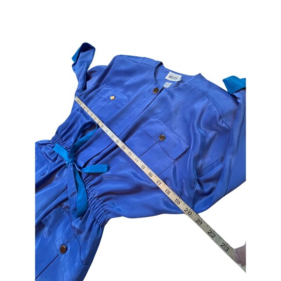 Vintage 90s Dress‎ Leslie Fay Midi Belt Pockets Satin Blue Retro Long Sleeves 10 - Picture 9 of 16